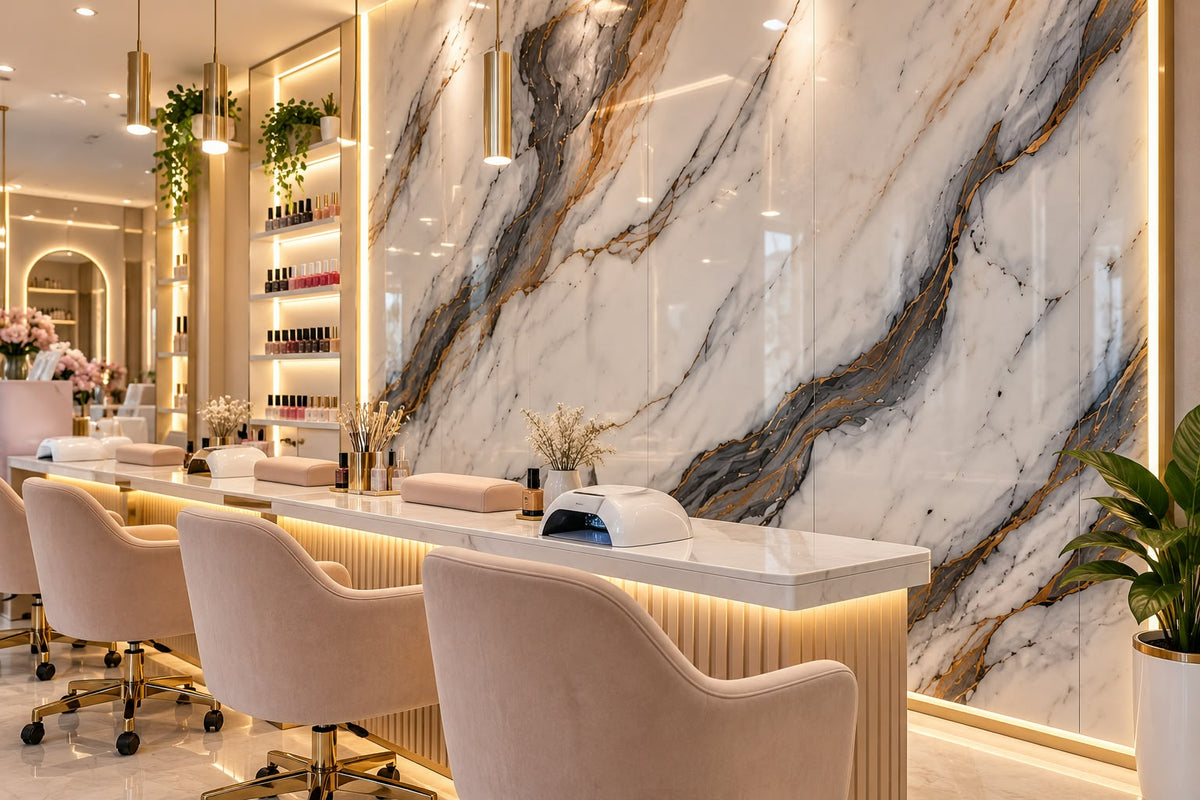 Rollo Adhesivo Decorativo Efecto Mármol Blanco con Vetas Grises y Doradas