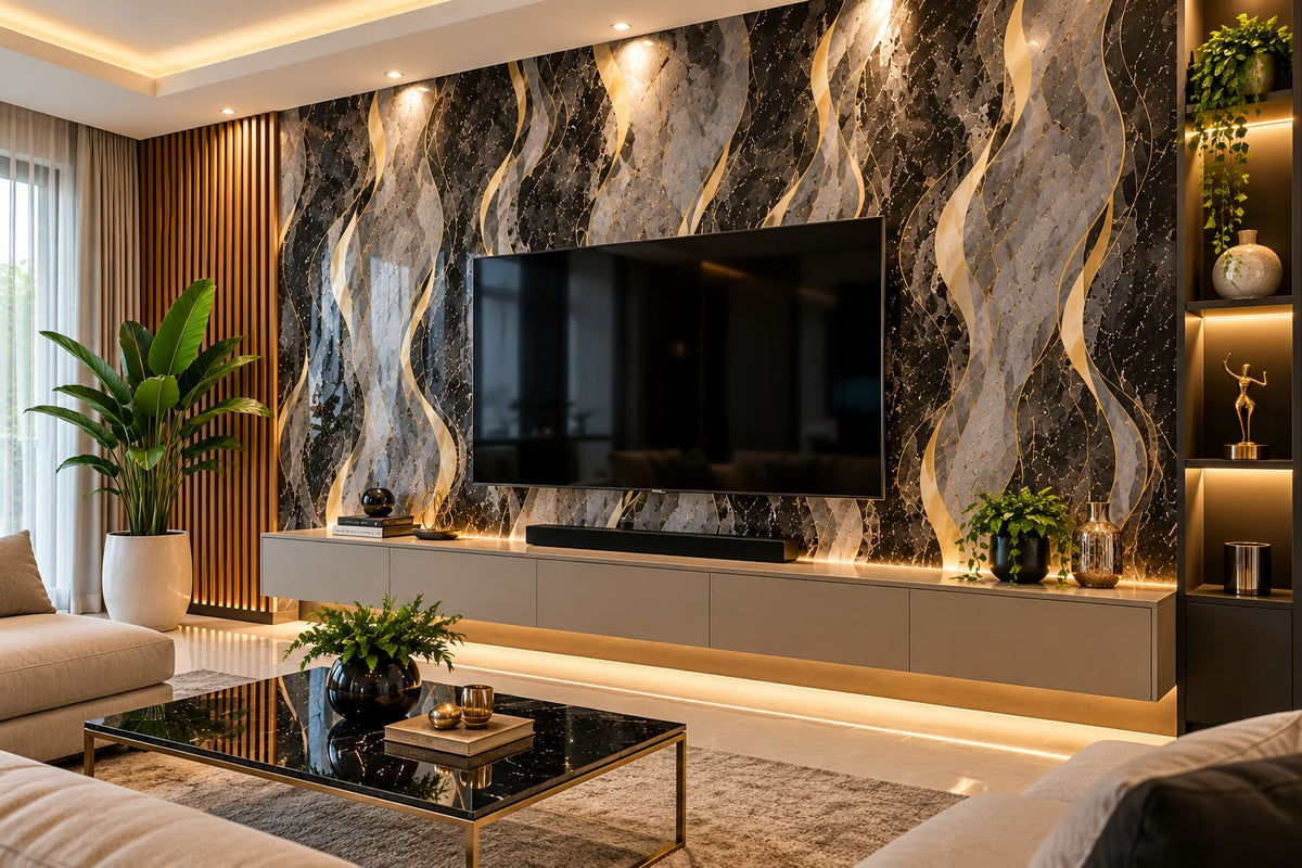Rollo Adhesivo Decorativo Efecto Mármol Negro y Gris con Vetas Doradas