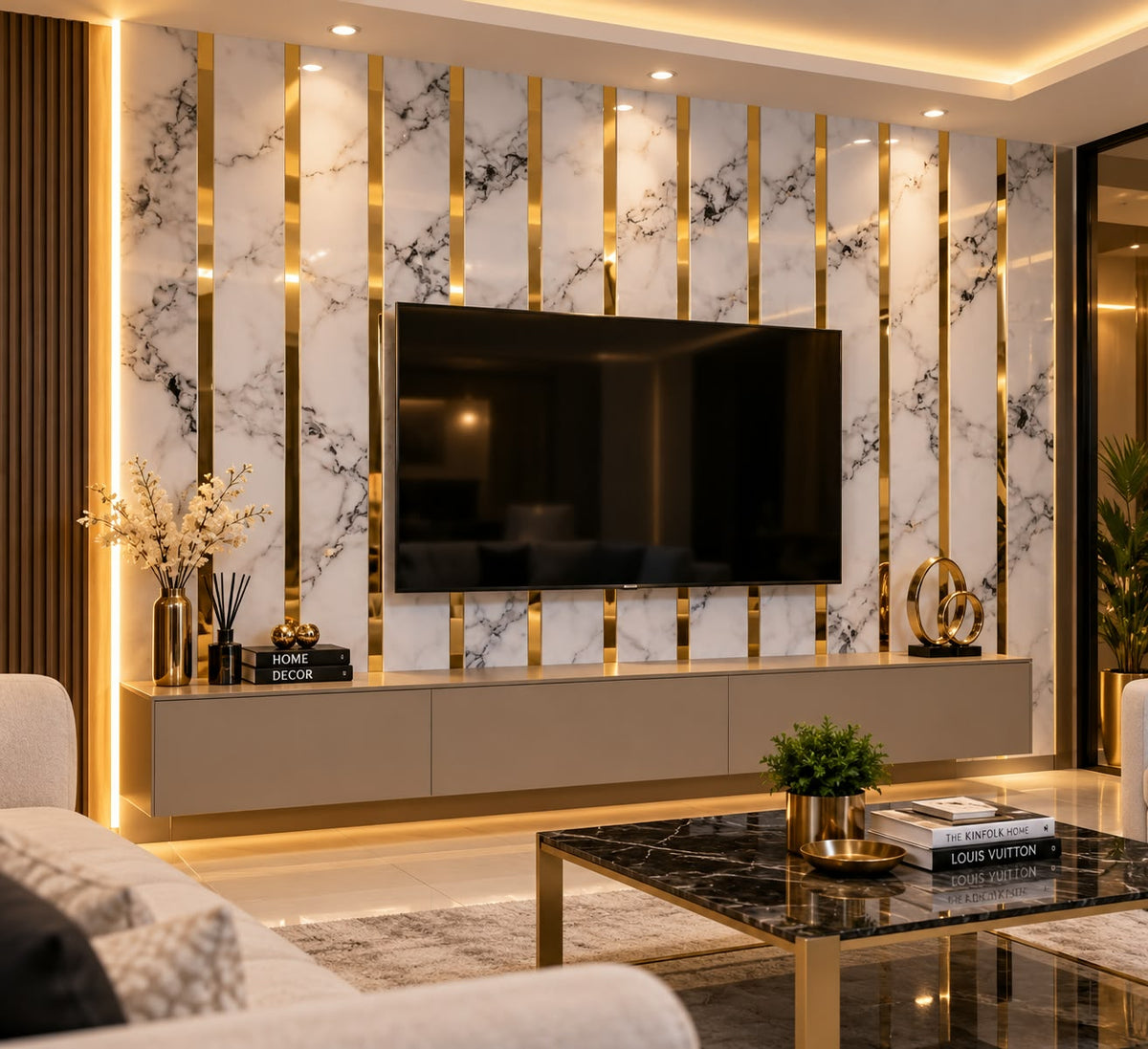 Adhesivo Decorativo Mármol Blanco con Vetas Negras y Detalles Dorados