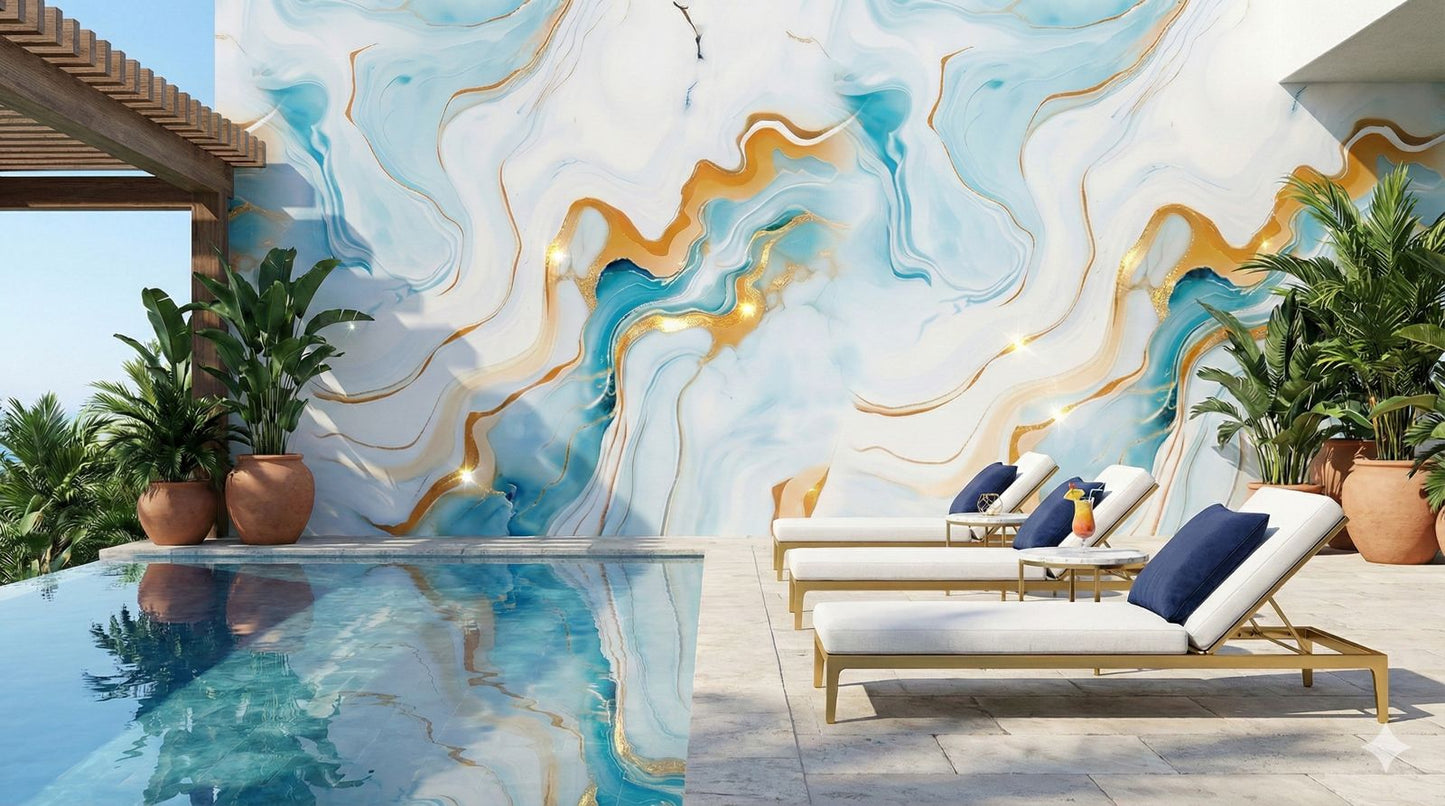 Rollo Mármol Adhesivo PVC - Aqua Marble Gold Flow | Importamall Ecuador
