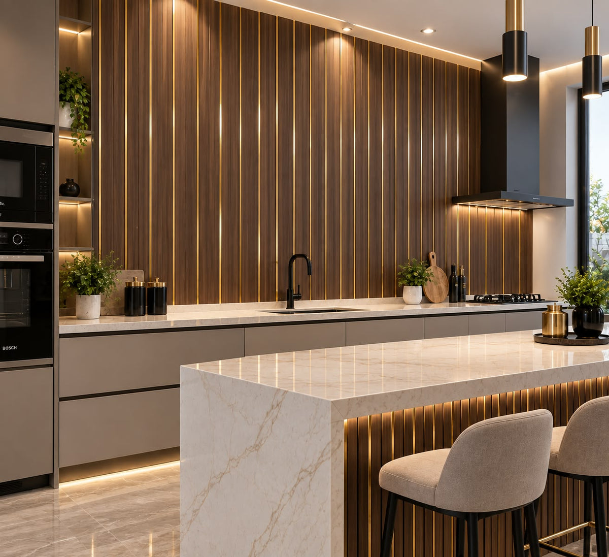 Wall Panel 03A de 30 x 290 – Panel Decorativo Madera Café con Detalles Dorados