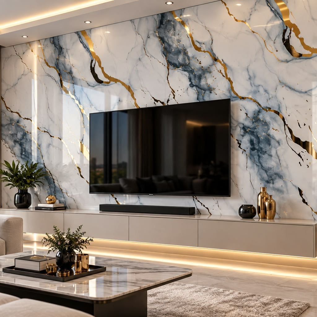 Rollo Adhesivo Decorativo Efecto Mármol Blanco, Azul y Dorado