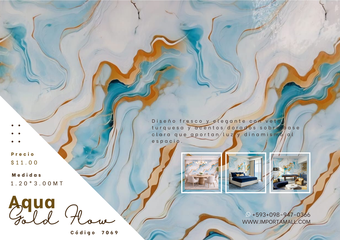 Rollo Mármol Adhesivo PVC -  Aqua Marble Gold Flow  | Importamall Ecuador