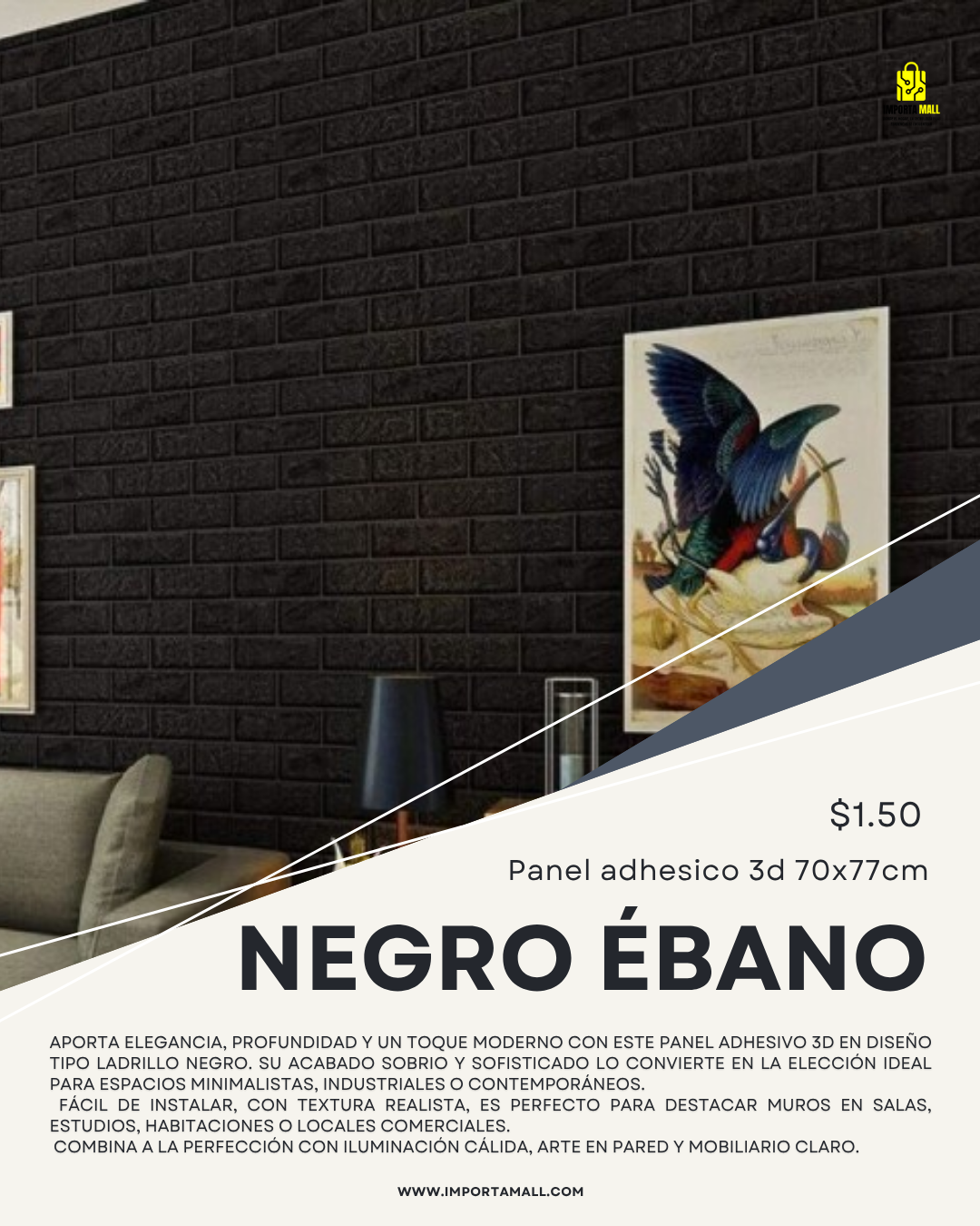 Panel Adhesivo 3D Negro – 70x77 cm