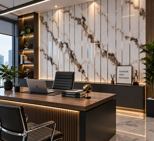 Panel Decorativo Mármol Blanco con Vetas Doradas y Listones Metálicos