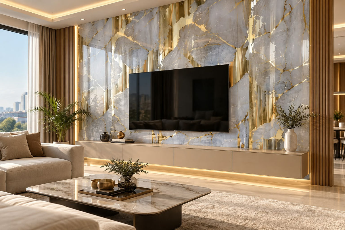 Rollo Adhesivo Decorativo Efecto Mármol Gris con Dorado – Diseño Elegante