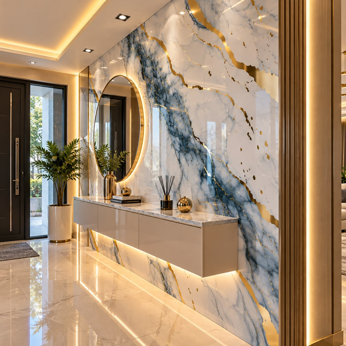 Rollo Adhesivo Decorativo Efecto Mármol Blanco, Azul y Dorado