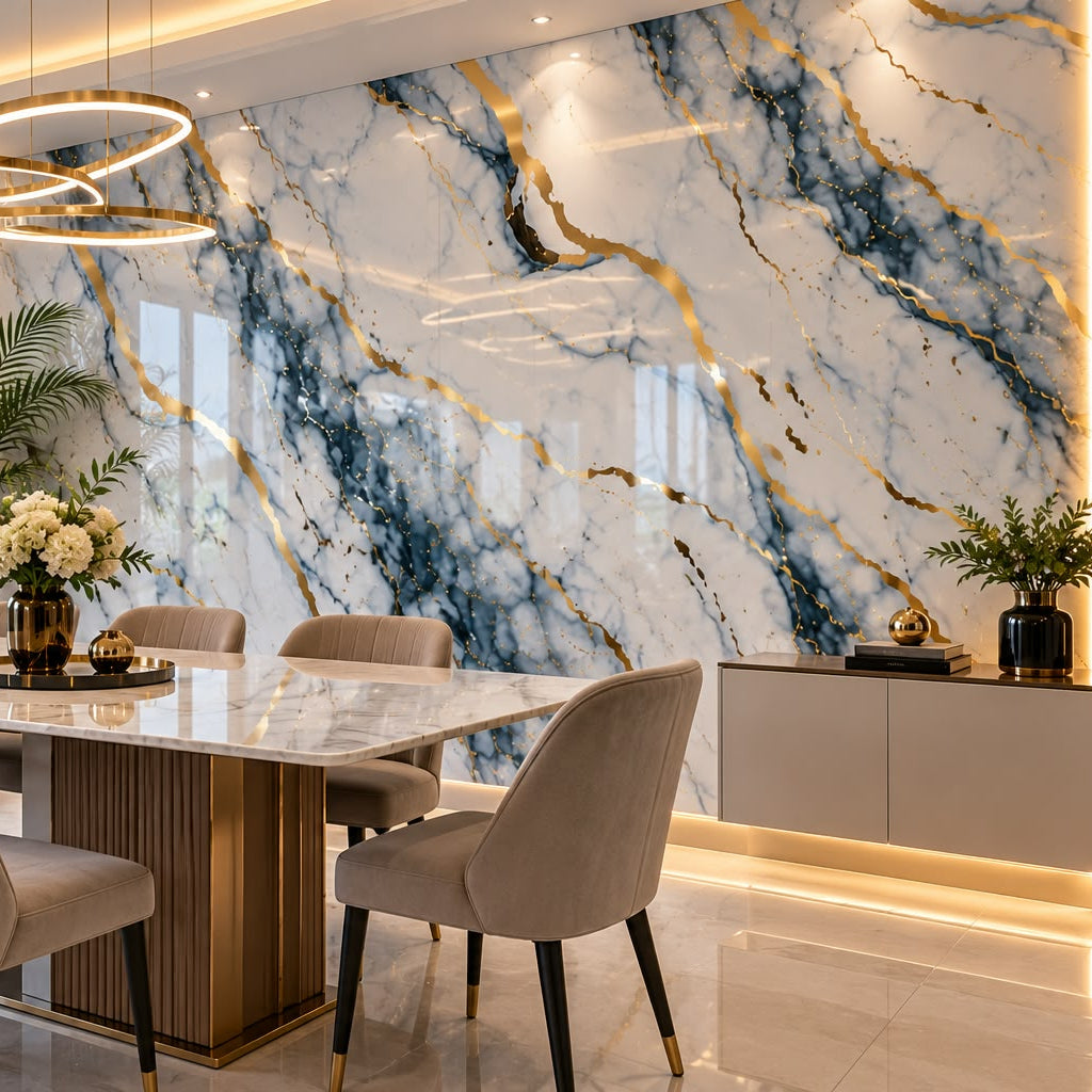 Rollo Adhesivo Decorativo Efecto Mármol Blanco, Azul y Dorado