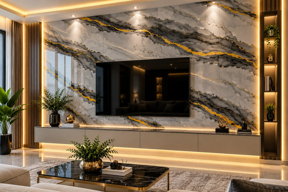 Rollo Adhesivo Decorativo 3798Y Efecto Mármol Gris con Vetas Doradas