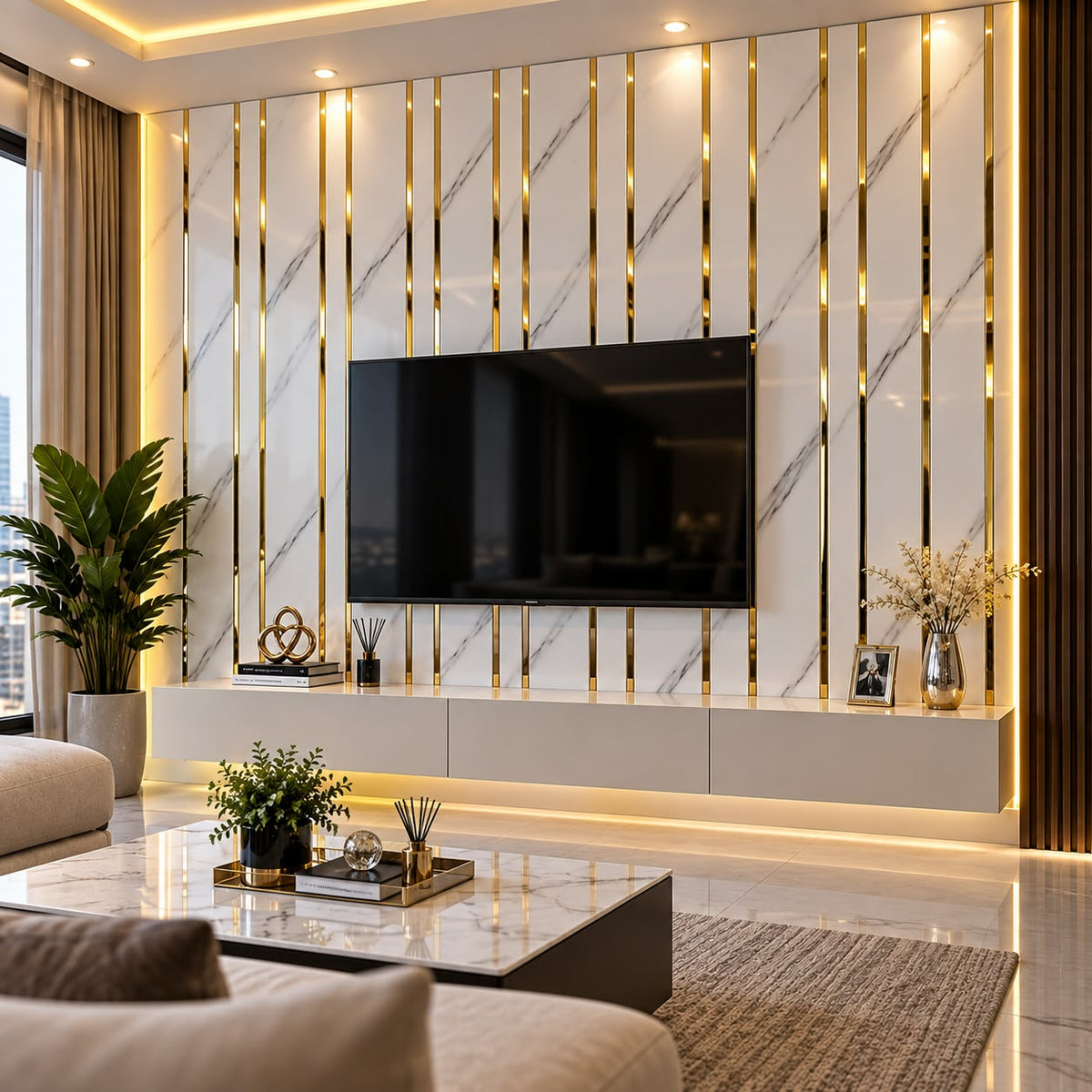 Panel Decorativo Mármol Blanco con Listones Dorados