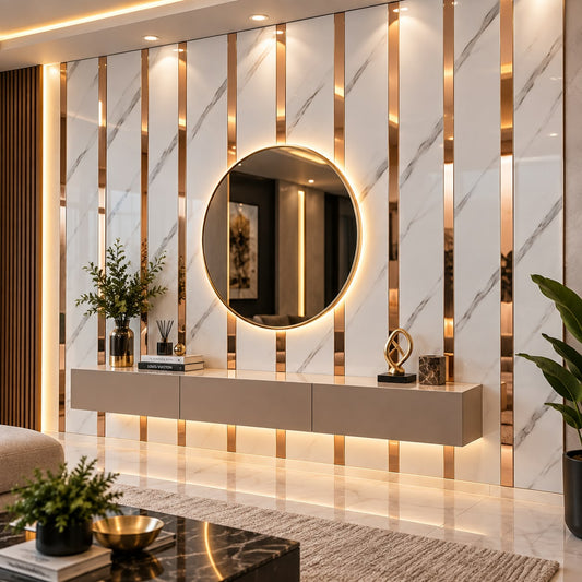 Panel Decorativo Mármol Blanco con Listones Color Rose Gold
