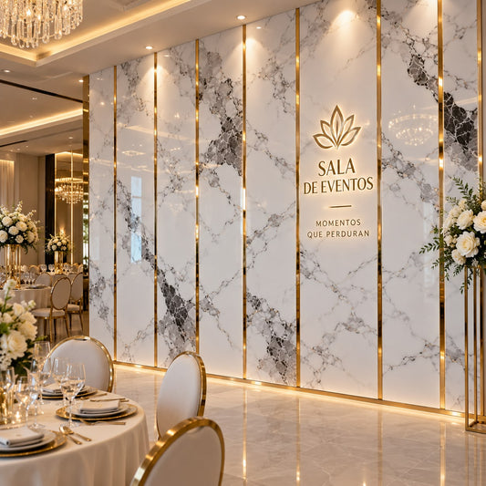Panel Decorativo Mármol Blanco con Vetas Grises y Bordes Oro Rosa