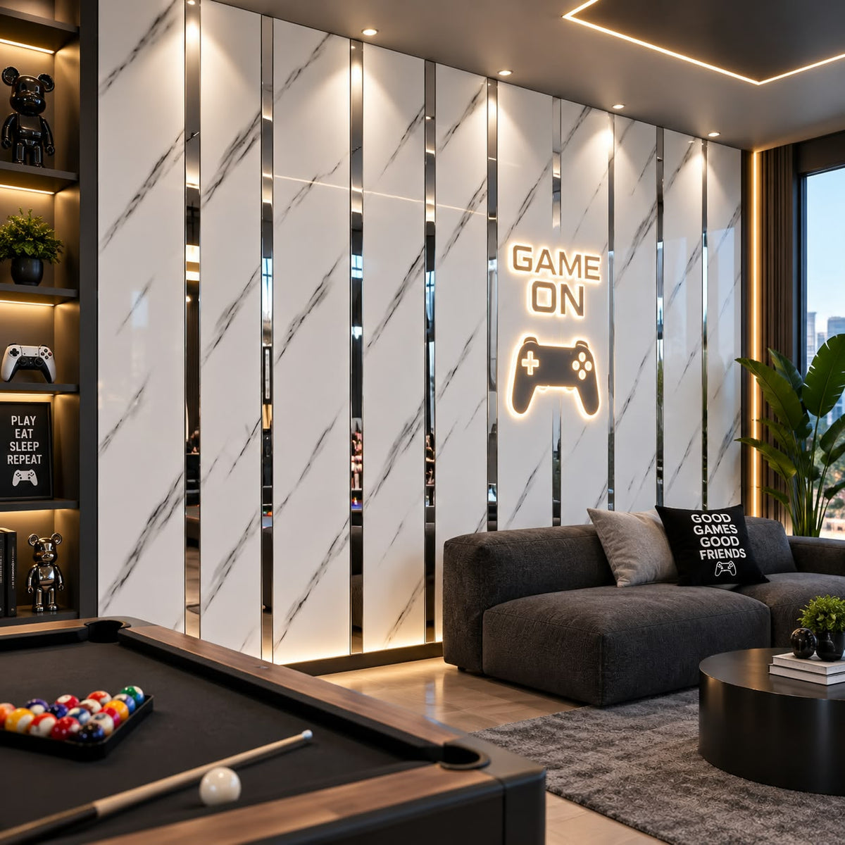 Panel Decorativo Mármol Blanco con Vetas Grises y Detalles Plateados