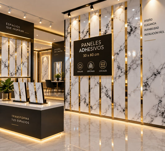 Adhesivo Decorativo Mármol Blanco con Vetas Negras y Detalles Dorados
