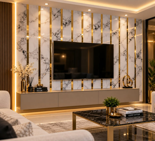 Adhesivo Decorativo Mármol Blanco con Vetas Negras y Detalles Dorados