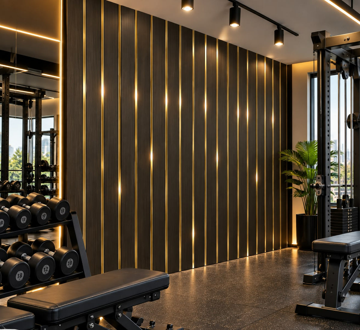 Wall Panel 05A – Panel Decorativo 2.90 x 30 cm Madera Oscura con Detalles Dorados