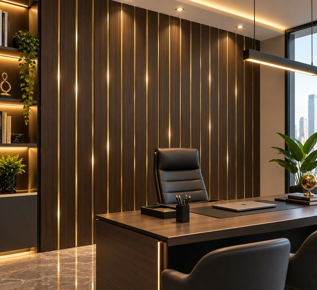 Wall Panel 05A – Panel Decorativo 2.90 x 30 cm Madera Oscura con Detalles Dorados