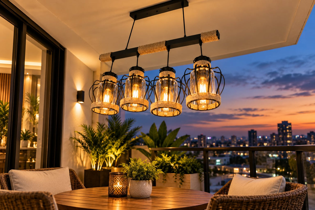Lámpara Colgante de 4 Luces con Mimbre y Acabado Negro