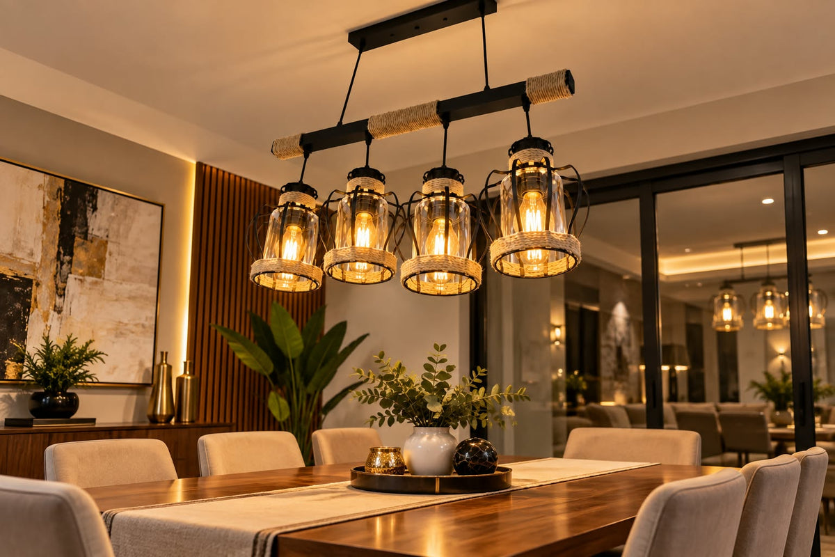 Lámpara Colgante de 4 Luces con Mimbre y Acabado Negro