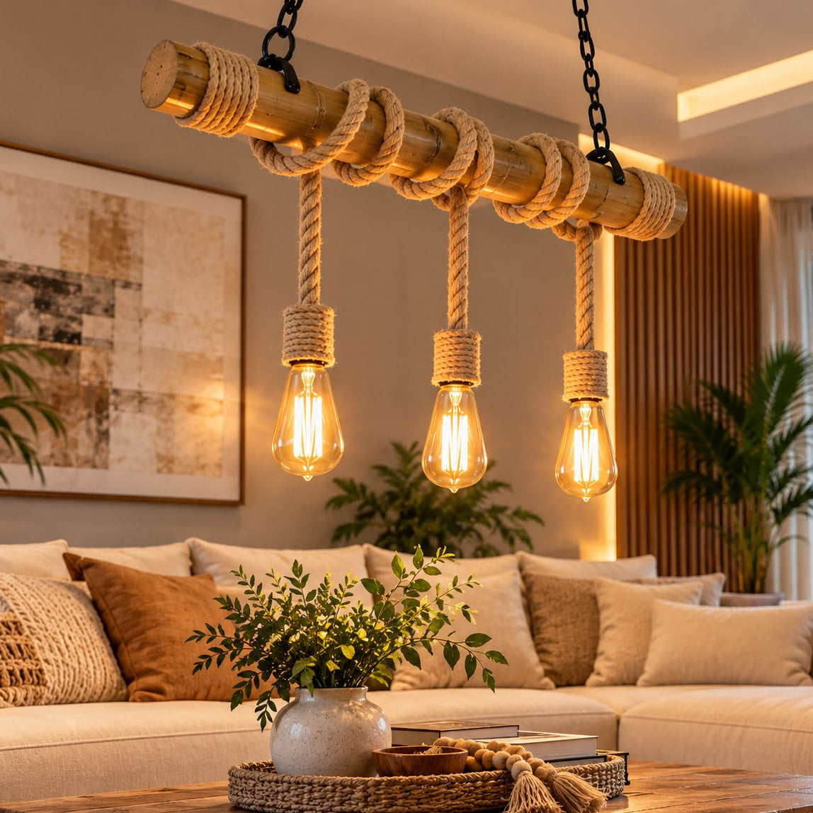 Lámpara Colgante de 3 Luces con Diseño de Bambú y Cuerda