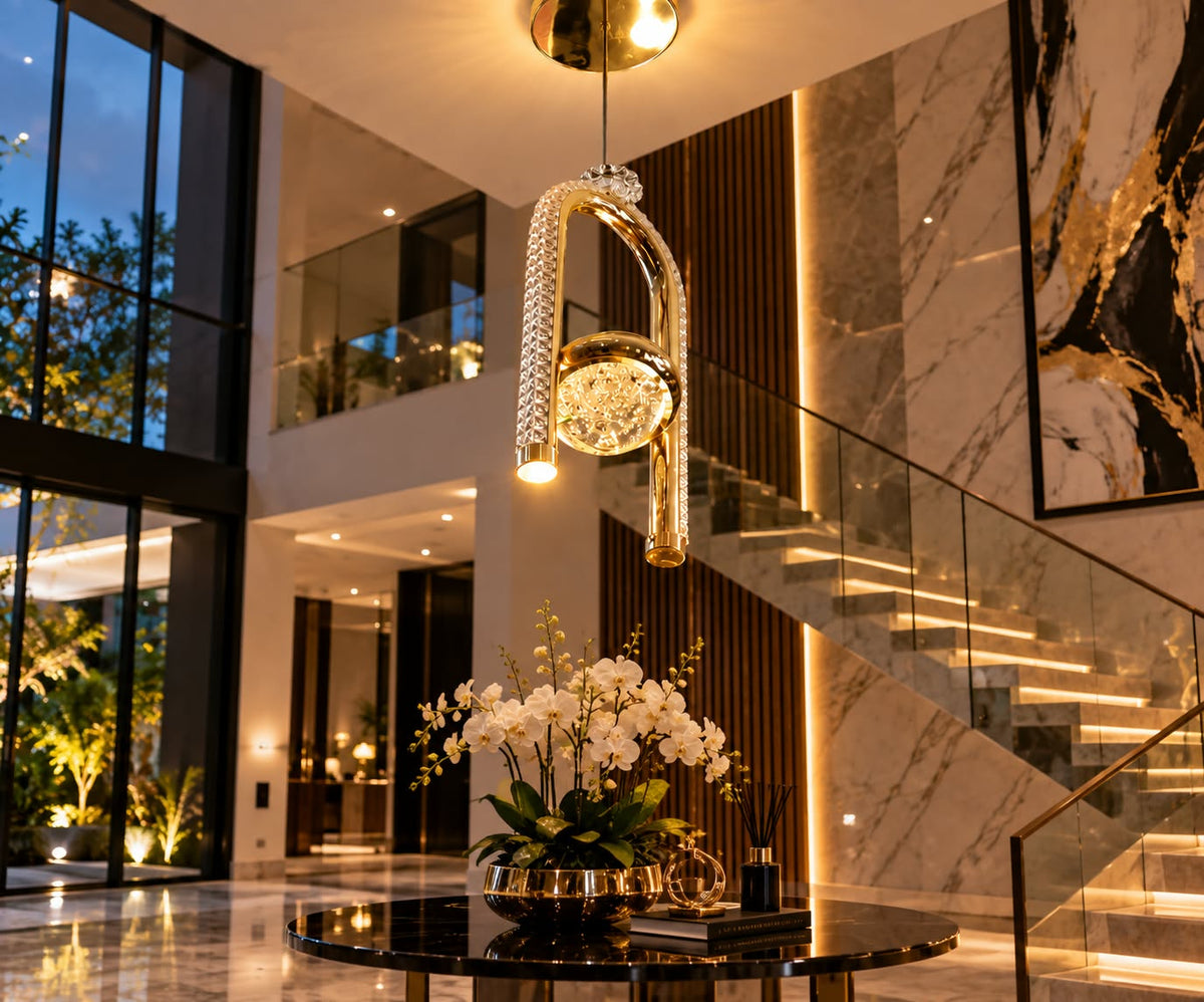 Lámpara Colgante LED Decorativa Dorada con Cristal