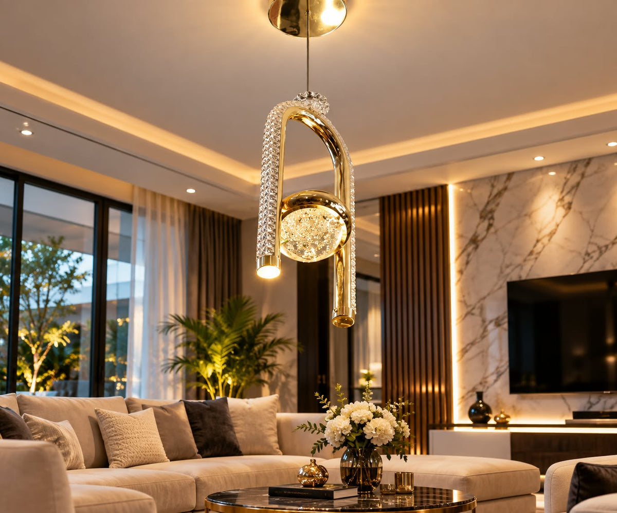 Lámpara Colgante LED Decorativa Dorada con Cristal