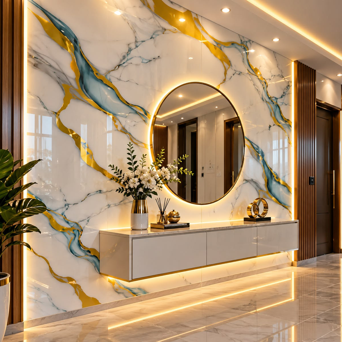 Rollo Adhesivo Decorativo 3753Y Efecto Mármol Blanco con Vetas Azules y Doradas