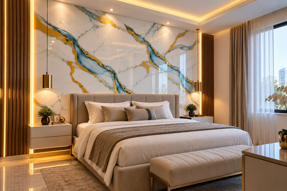 Rollo Adhesivo Decorativo 3753Y Efecto Mármol Blanco con Vetas Azules y Doradas