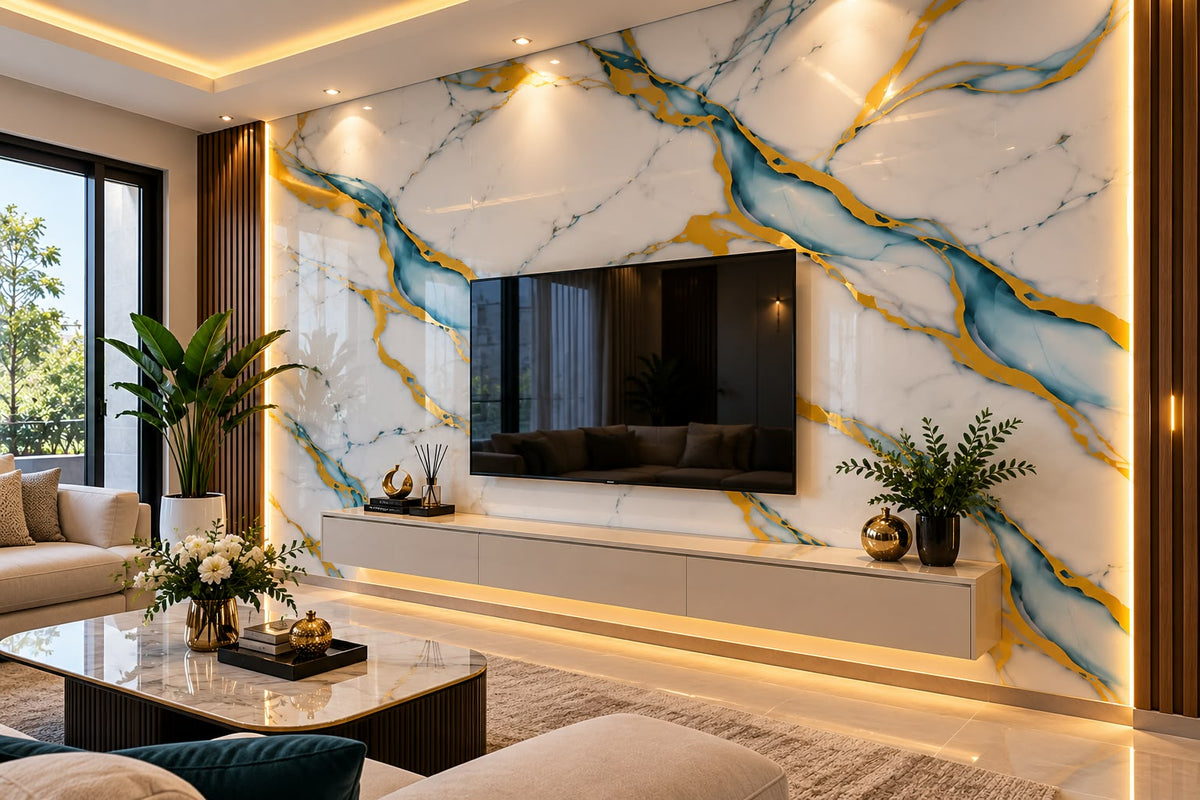 Rollo Adhesivo Decorativo 3753Y Efecto Mármol Blanco con Vetas Azules y Doradas