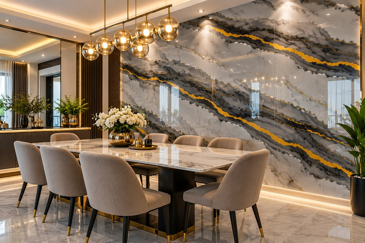 Rollo Adhesivo Decorativo 3798Y Efecto Mármol Gris con Vetas Doradas