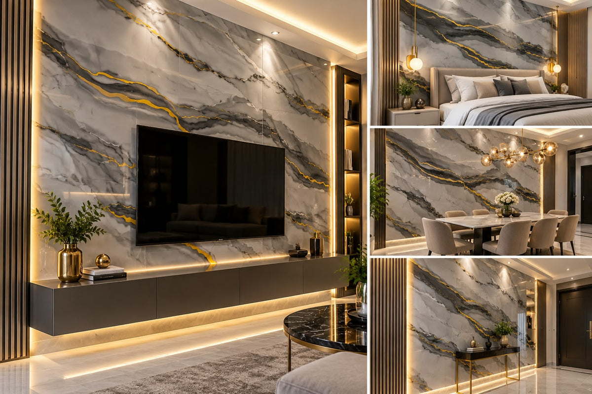 Rollo Adhesivo Decorativo 3798Y Efecto Mármol Gris con Vetas Doradas