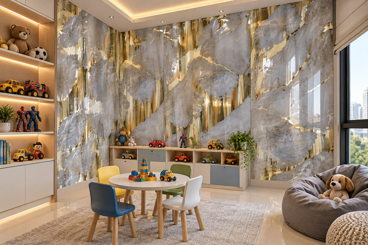 Rollo Adhesivo Decorativo Efecto Mármol Gris con Dorado – Diseño Elegante