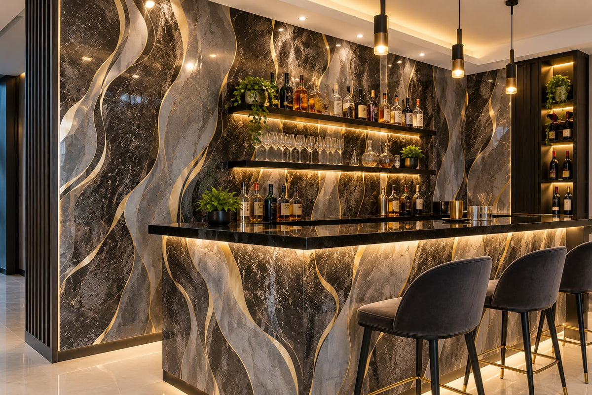 Rollo Adhesivo Decorativo Efecto Mármol Negro y Gris con Vetas Doradas