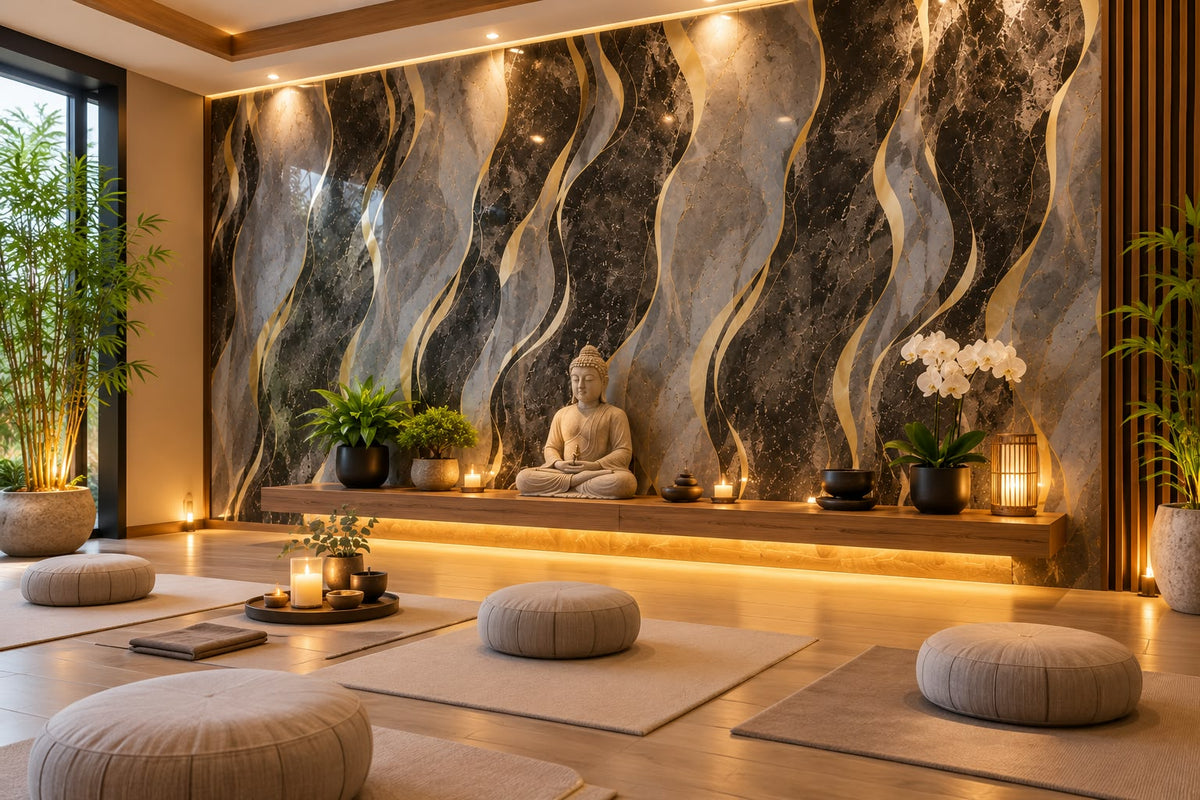 Rollo Adhesivo Decorativo Efecto Mármol Negro y Gris con Vetas Doradas