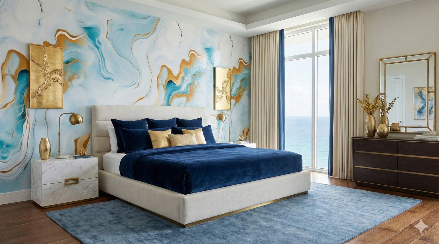 Rollo Mármol Adhesivo PVC -  Aqua Marble Gold Flow  | Importamall Ecuador