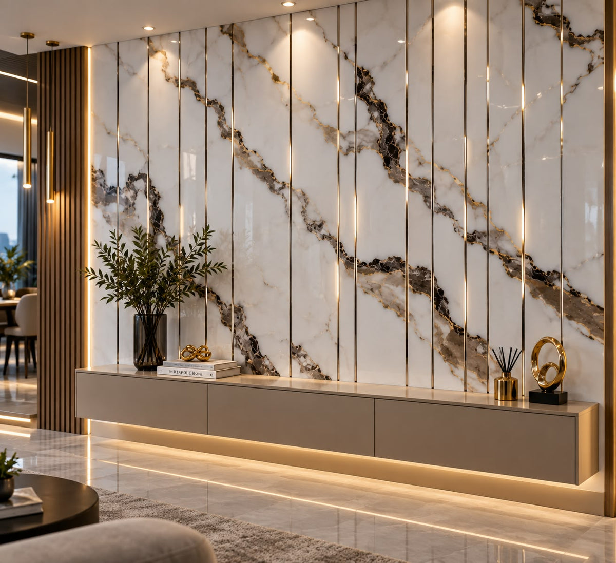 Panel Decorativo Mármol Blanco con Vetas Doradas y Listones Metálicos